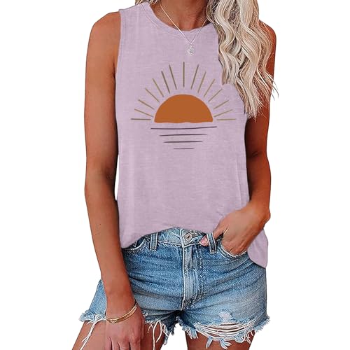 LOOKFACE Women Sunrise Graphic Sleeveless Tank Tops Heather Grey Purple Small at Amazon
