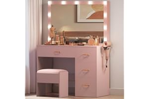 DWVO Vanity Desk with Large Mirror and Lights, Makeup Vanity Set with 11 LED Bulbs and Power Outlet, 4 Storage Drawer, Dressing Table with 3-Color Adjustable Lighting, Vanity Stool, Pale Pink