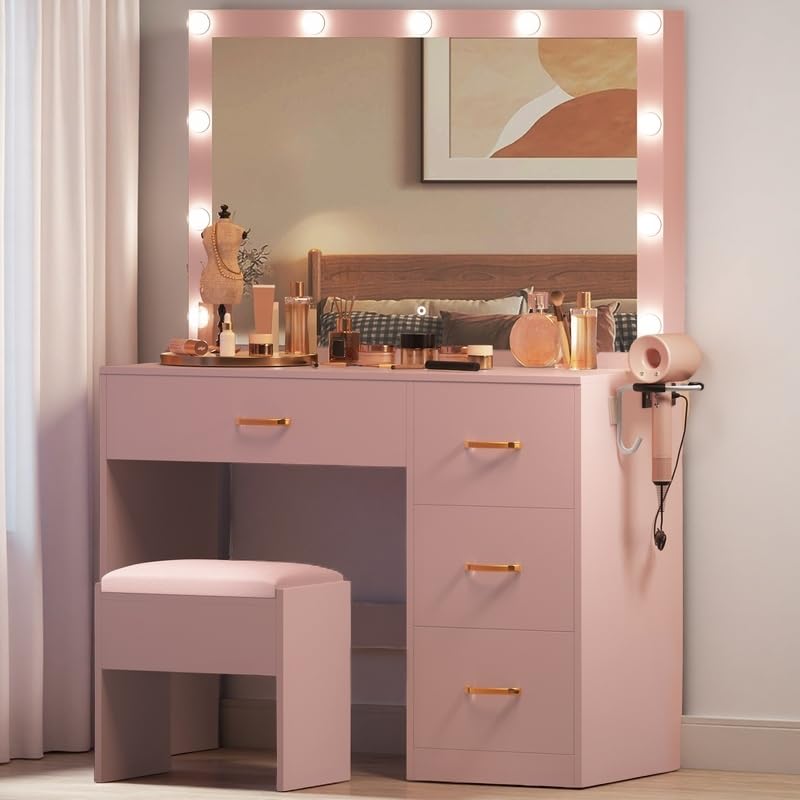 Photo 1 of *USED*
DWVO Vanity Desk with Large Mirror and Lights, Makeup Vanity Set with 11 LED Bulbs and Power Outlet, 4 Storage Drawer, Dressing Table with 3-Color Adjustable Lighting, Vanity Stool, Pale Pink