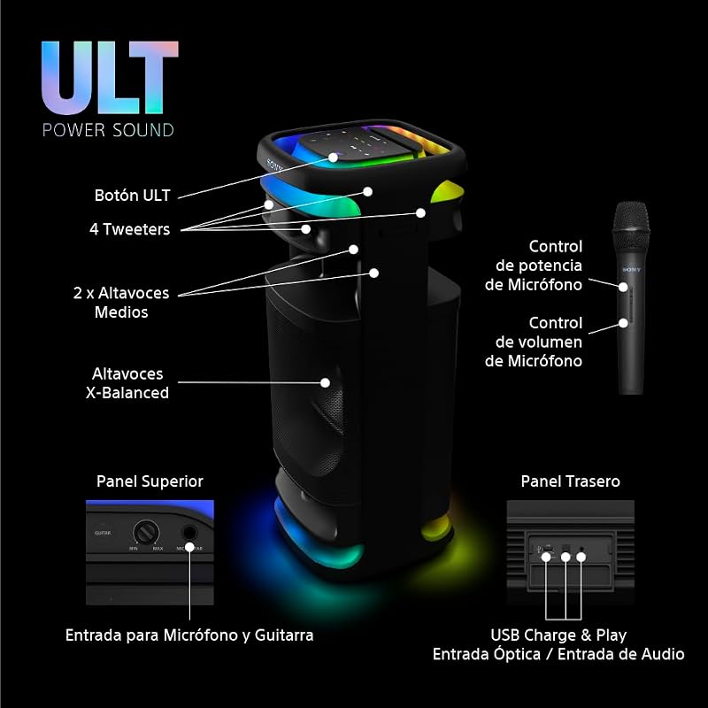 ULT TOWER 10, Altavoz bluetooth para fiestas con ULT POWER SOUND y Deep Bass, altavoces X-Balanced, iluminación LED 360, funciones para fiestas, micrófono inalámbrico, portátil, ruedas giratorias