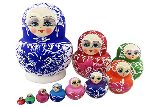 Colorful Big Belly Blue White Cherry Blossom Handmade Wooden Russian Nesting Dolls Matryoshka Dolls Set 10 pieces For Kids Toy Birthday Christmas Gift Home Decoration Perfect Mother's Day Gift