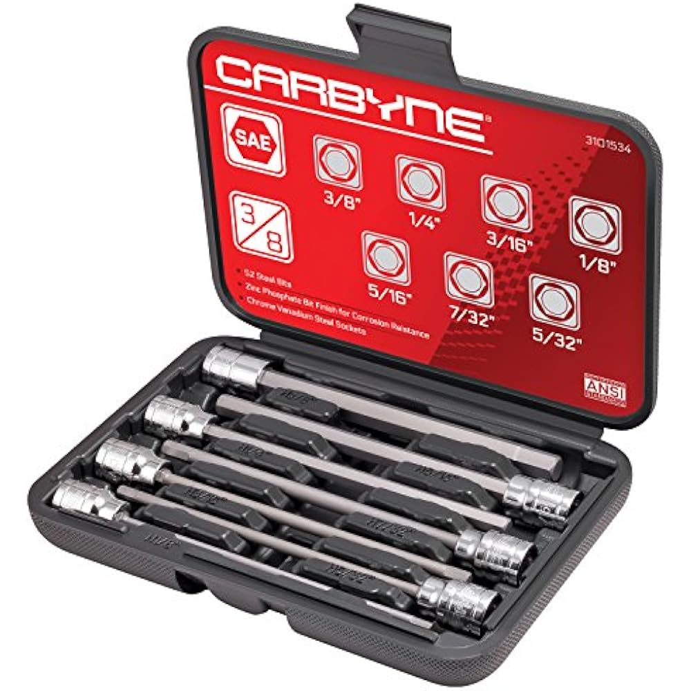 7 Piece Extra Long Hex Bit Socket Set SAE, S2 Steel Bits 3/8" Drive