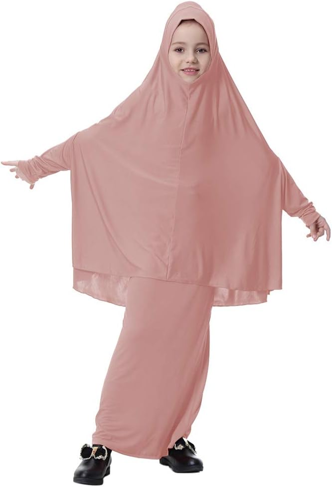 Blaward Muslim Dresses Islamic Girl Long Sleeve 2 pcs Solid Suits Arab Prayer Long Dress Set for Kids Girls