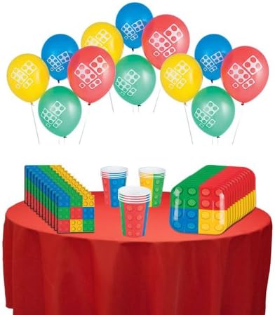 Brick Party Supplies- Set for 12- 12 Block Party Plates, 12 Cups, 12 Napkins, 1 red Table Cloth and 12 Block Balloons