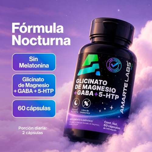 AMARTE LABS Fórmula Nocturna Sin Melatonina Magnesio Glicinato GABA 5HTP L Teanina Descanso y Relajación 60 Cápsulas