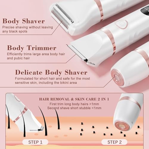 MAXGROOM Bikini Trimmer for Women, 3-in-1 Painless Electric Razor for Pubic Hair, Waterproof Cordless Lady Shaver with LED Light, Travel Pouch & Easy Cleaning