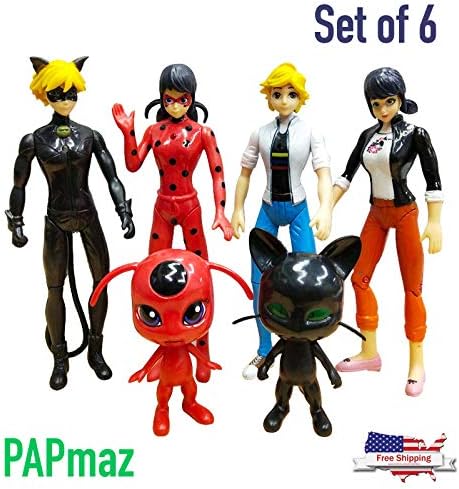 PAPmaz Dolls Set 6 PCS Ladybug and cat Noir Miraculous Action Figures Ladybug Toys Patty Set Ladybug kit for Girls