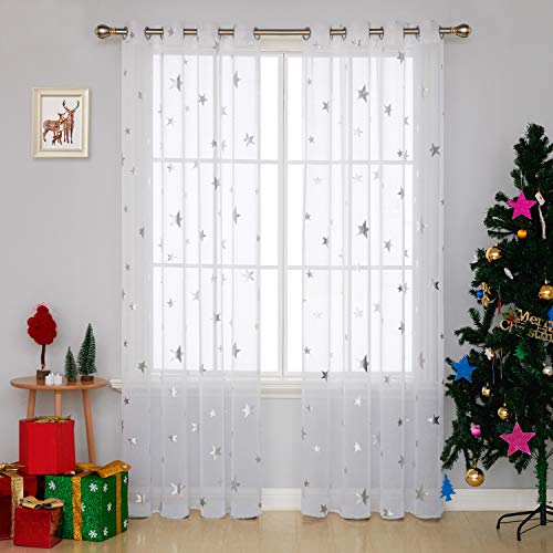 Deconovo Grommet White Sheer Curtains 84 Inch Long Foil Print Silver Star Voile Sheer Curtain Panels for Bedroom 52x84 Inch 2 Panels