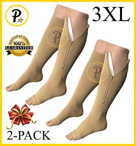 NEW (BIG & TALL 3XL) Open Toe Knee Length Zipper Up Compression Hosiery Calf Leg Support Stocking Stocks (2-Pack Beige)