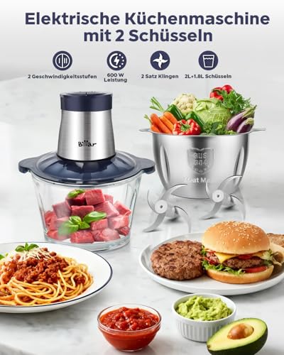 Bear 2L + 1.8L Meat Grinder Electric Chopper Glass + Stainless Steel, 600 W 2 Speed, Chopper with 4 Stainless Steel Blades and Meat Grinder, Chopper for Meat, Baby Food, Fruit, Vegetables