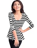 Allegra K Women Slim Stripe T Shirt Puff Sleeve Scoop Neck Peplum Top