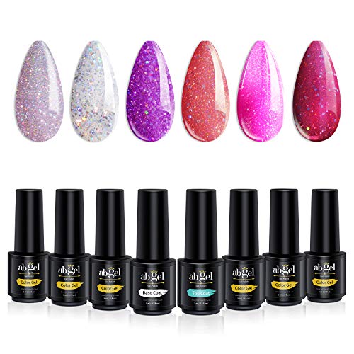 ab gel Glitter Gel Nail Polish Set - 6 Color UV LED Soak Off Gel Polish with No Wipe Base and Top Coat - Thumbnail 6