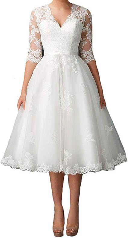 Nanger Damen V Ausschnitt Hochzeitskleider Kurz Mit 1 2 Armel Spitze Brautkleider Strand Bekleidung Kleider Suenaacampo Com