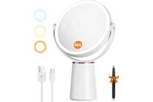 Auxmir Lighted Makeup Mirrror with 30X/1X Magnification, Rechargeable Double-Sided Magnifying Mirror with Light & 360° Rotati
