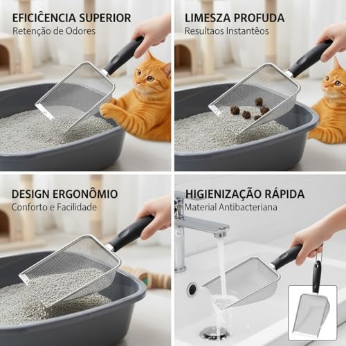 Pá Higiênica para Gatos e Cães em Aço Inox, Peneira para Caixa de Areia, Durável e Fácil de Limpar