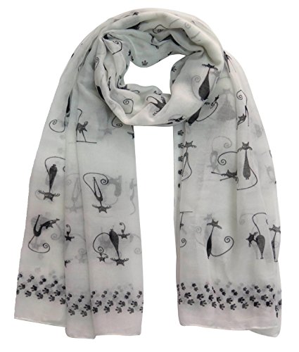 Lina & Lily Cat Kitten Print Scarf with Footprints Edges Large Size Lightweight (White)