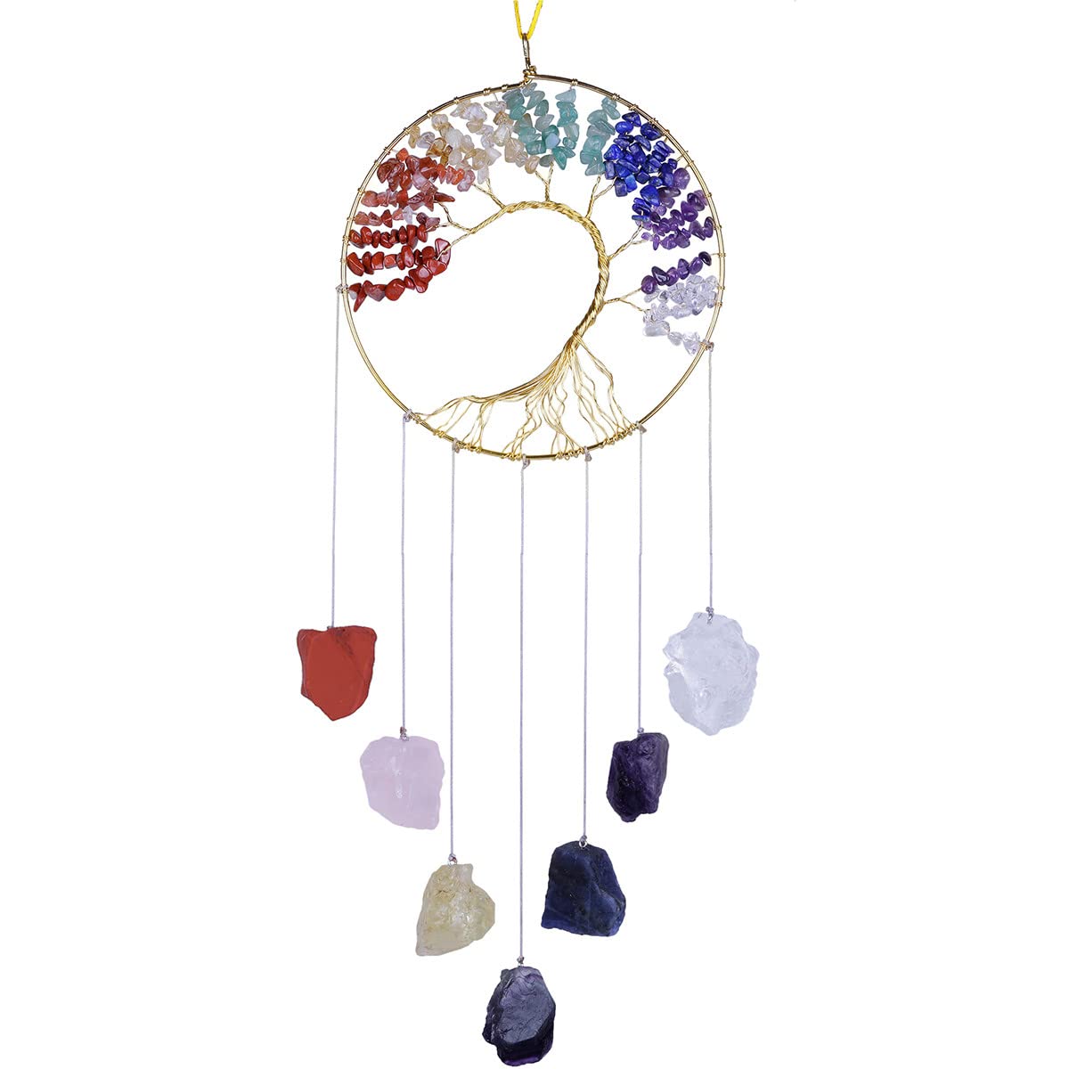 Nupuyai 7 Chakra Crystal Stone Tree of Life Hanging Ornament, Energy Healing Irregular Raw Stone Wall Window Wedding Home Decor
