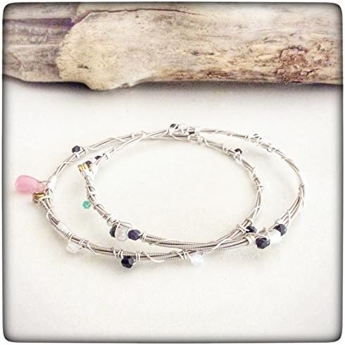 Musically Inspired Wire Wrapped Guitar String Bangle Bracelet Set - Czech Crystal - Moonstone - Collectable - Stackable - Vegan - Eco Friendly - Ready to ship