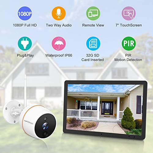 ã€Two-Way Audioã€‘ Full HD 1080P Security Camera System Wireless with 7'' Touchscreen Monitor,Wandwoo 4 Channel NVR 1pc Indoor Outdoor IP Camera,Pre-Install 32GB SD Card,Night Vision Free App