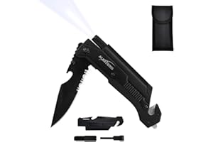 ALBATROSS 7-in-1 Tactical Survival Knife - Glass Breaker, Seatbelt Cutter, Serrated Steel Blade, Firestarter, LED Flashlight, Bottle Opener & Pouch | Military, Emergency, Outdoor Rescue Gear (Black)