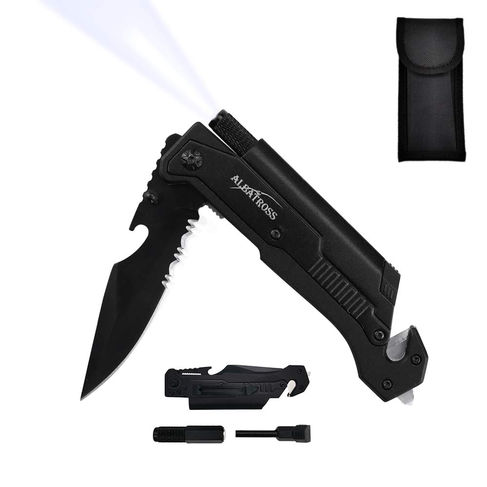 Photo 1 of 7-in-1 Tactical Survival Knife - Glass Breaker, Seatbelt Cutter, Serrated Steel Blade, Firestarter, LED Flashlight, Bottle Opener & Pouch | Military, Emergency, Outdoor Rescue Gear (Black)