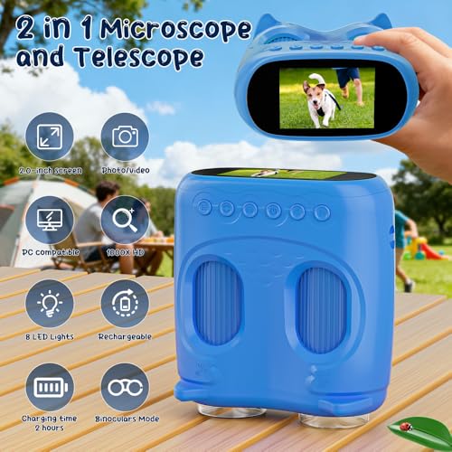 Temodu 2-in-1 Microscope for Children and Binoculars for Children, Toy, 4K 2.0 Inch Screen, for Observing, Hunting, Hiking, Rechargeable Portable Binoculars, Science Outdoor from 3 Years (Blue)