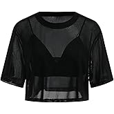 RoseSeek Women's Two Piece Sheer Mesh Short Sleeve Cropped T Shirts with Deep V Neck Cami Tank Tops