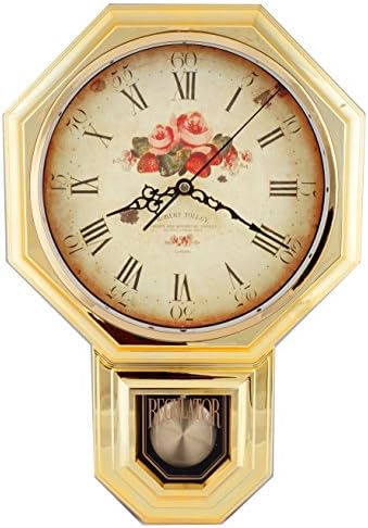 Vintage Rose Classic Traditional Schoolhouse Pendulum Wall Clock Chimes Every Hour With Westminster Melody Made in Taiwan, 4AA Batteries Included (PP0265-3F Gold Plated)