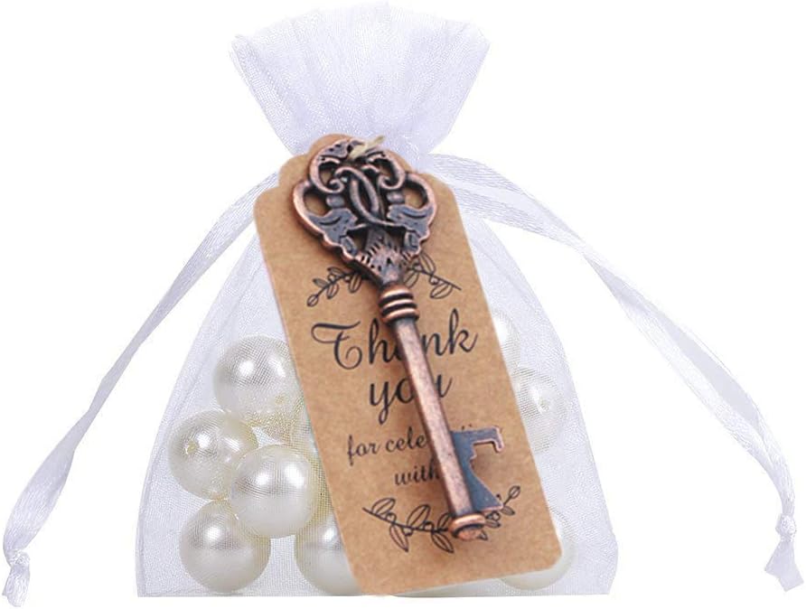 Amajoy 50 Pcs Rustic Vintage Key Bottle Opener with Thank You Card Tag and Sheer Bag for Wedding Favor Party Favors