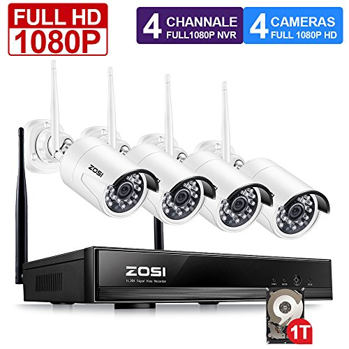 ZOSI FULL 1080P HD Wi-Fi Wireless Security Camera System 4CH 1080P HDMI NVR With 1TB Hard Drive and (4) HD 2.0MP 1080P Indoor/Outdoor IP Cameras,65ft Night Vision,Customizable Motion Detection