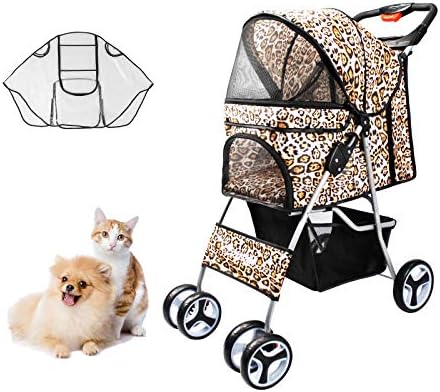 Comiga ペットカート 折りたたみ レインカバー付き 犬用ベビーカー 猫 バギー 猫犬兼用 脱走防止 四輪 前輪360 回転可能 メッシュ カゴ収納 カップホルダー付き 介護用 おでかけ 多機能 軽量 耐荷重15kg ヒョウ