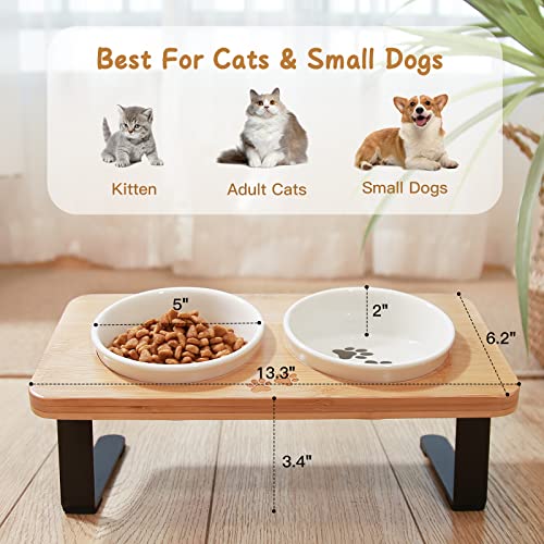 Ceramic Elevated Cat Bowls, 15° Tilted Raised Cat Food Bowls for Food and Water, Indoor Cat Dishes with Bamboo Stand Anti Vomiting for Cats and Puppy, Pet Bowl Set with Anti Slip Feet, Dishwasher Safe