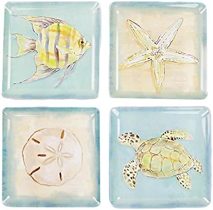 Colias Wing 6" Ocean Serise Fish/Turtles/Starfish/Stone Pattern Design Melamine Plates Holiday Dessert Plates Christmas Dinner Plates(Set of 4)-Square