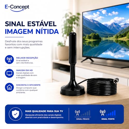 Antena Digital Interna HD para TV – Sinal Forte e Estável, Canais Abertos em Alta Definição, Compatível com Smart TVs Samsung, LG, Sony, TCL e Mais – Não Precisa Configurar
