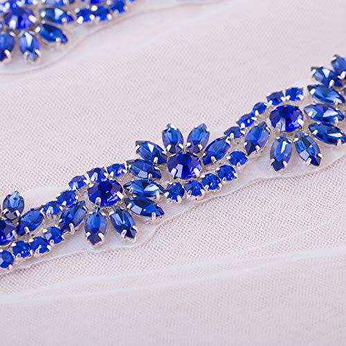 Something Blue Bridal Applique, FANGZHIDI 1 Yard Rhinestone Applique for Wedding Belt Sash- The Ribbon was NOT Attached to The Applique (026- Blue)