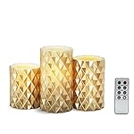 3 Gold Geometric Flameless Pillar Candles, Wax, Warm White LEDs, Remote & Batteries Included