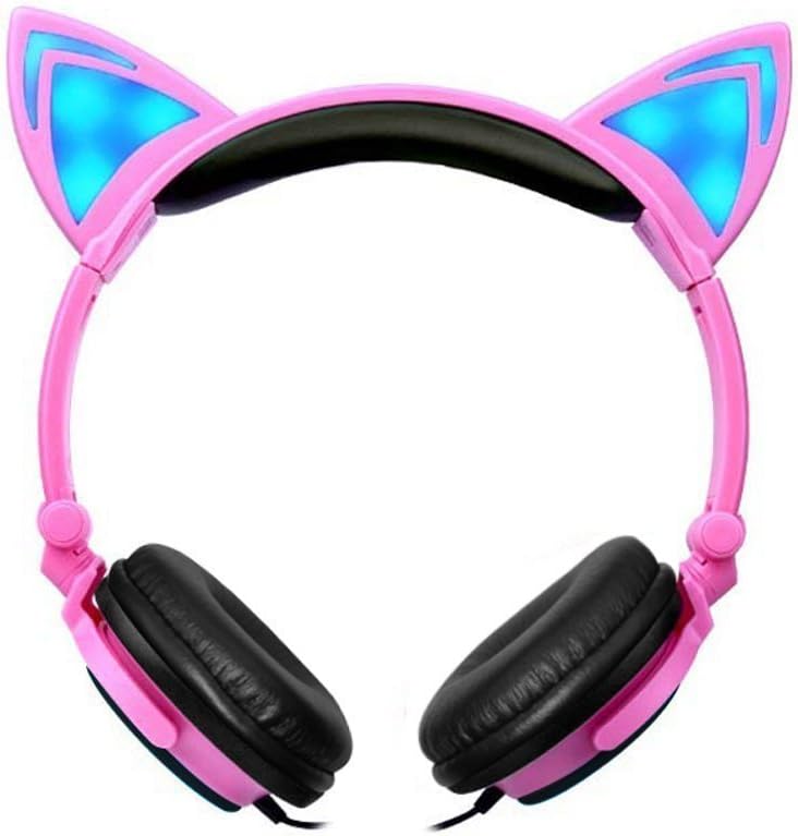 Teetox Kids Headphones Cat Ear Headphones Blinking Fashion Glowing Cosplay Fancy Foldable Over-Ear Gaming Headsets with LED Light for iPhone6s,6s Plus,Android,iPad and Computer (Pink)