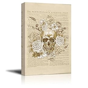 Canvas Wll Art - Skull with Flowers on Vintage Newspaper Background - Giclee Print and Stretched Ready to Hang - 12"x18"
