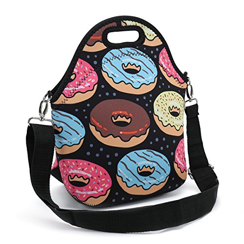 Insulated Neoprene Lunch Bag-Removable Shoulder Strap-X Large Size Reusable Thermal Thick Lunch Tote/Lunch Box/Cooler Bag With Wallet Pouch For Adults,Kids,Women,Men Teens,Girls,Baby (Bread Donuts)