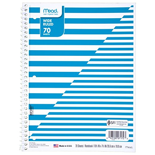 Mead Spiral Notebook, 1 Subject, Wide Ruled Paper, 70 Sheets, Design Will Vary, 1 Count (07172)