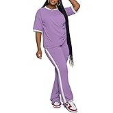 PINSV 2 Piece Sets for Women Summer Casual Short Sleeve Top and Flare Pants Lounge Sets