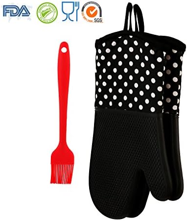 ENFINER 13Inch Silicone Oven Mitts 1 Pair with Silicone Oil Brush, Cotton Lining Heat Resistant Non-Slip Silicone Kitchen Gloves for Grilling, Baking, Cooking, BBQ (Black)