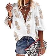 ZXZY Women Pineapple Printed Lapel Collar Half Sleeves Buttons Down Blouse Shirt