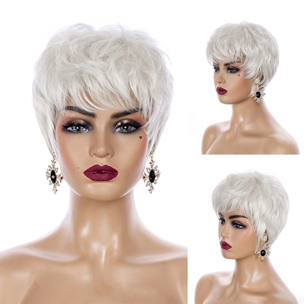 Photo 1 of Sallcks Short White Pixie Wig for Women Layered Synthetic Heat Resistant Pixie Wig for Party Cosplay Use (White)