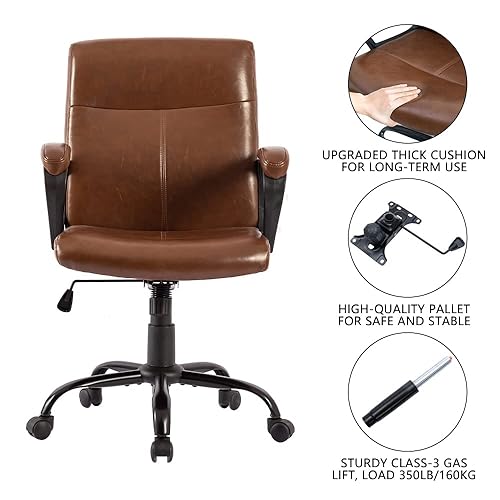 DYHOME Cognac Brown Ergonomic Mid Back Office Chair, PU Leather