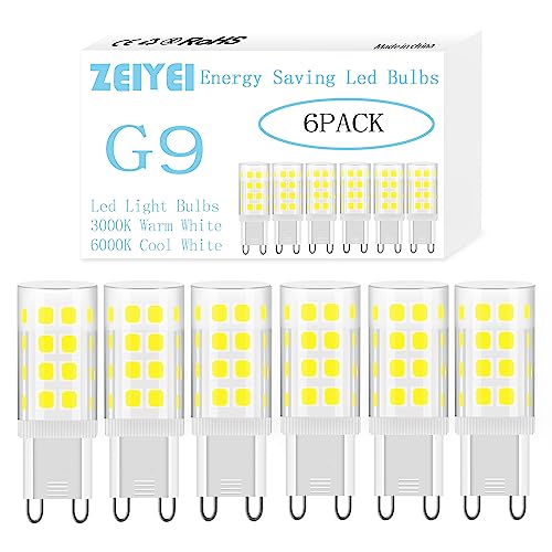 ZEIYEI G9 LED Bulbs, Cool White 6000K, 5W (40-50W Halogen Equivalent), 450LM, Non-Dimmable Flicker-Free, Energy-Saving LED Bulbs, Suitable for Home Decor, Commercial, and Office Lighting-6Pcs