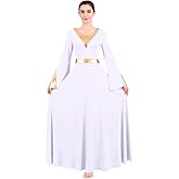 Women Metallic Color Block Liturgical Praise Lyrical Dance Dress Bell Long Sleeve Church Dancewear Gown Worship Costume