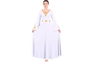 OWLFAY Women Metallic Color Block Liturgical Praise Lyrical Dance Dress Bell Long Sleeve Church Dancewear Gown Worship Costume