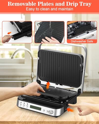 Dxmocos 5 in 1 Indoor Grill, Electric Contact Grill and Griddle, Panini Press Grill Sandwich Maker with Meat Thermometer, LCD Display, Stainless Steel, Healthy Ceramic Nonstick, 2000W