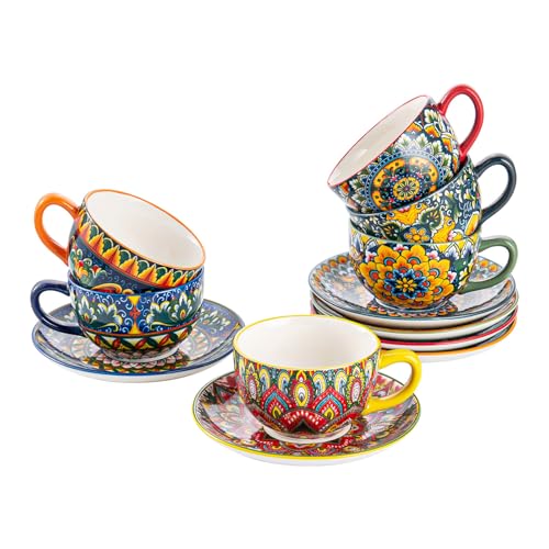 Porcelain Coffee Set, Set of 6 x 250 ml, Hand Painted, Set for 6 People, Includes Coffee Cups and Saucers